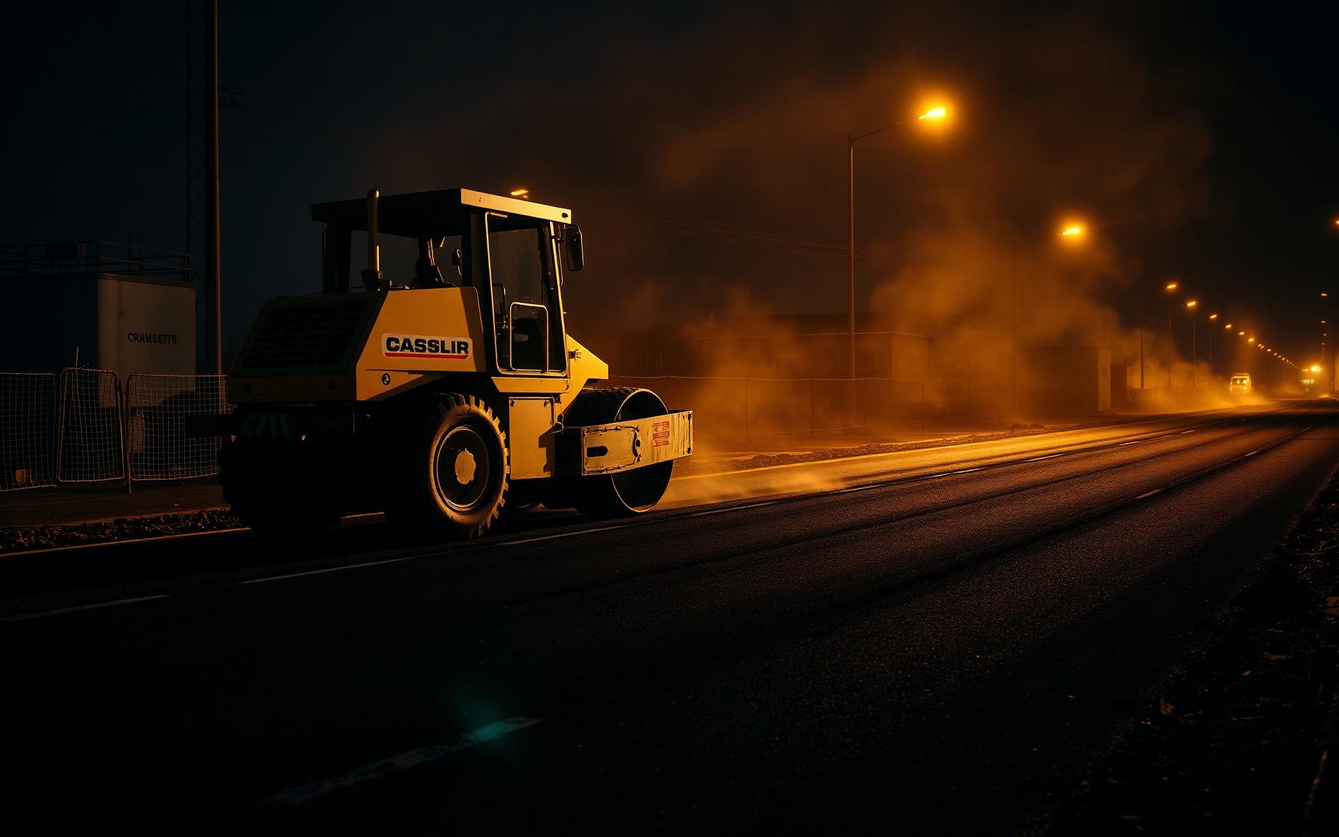 Yellow road roller compacting fresh asphalt