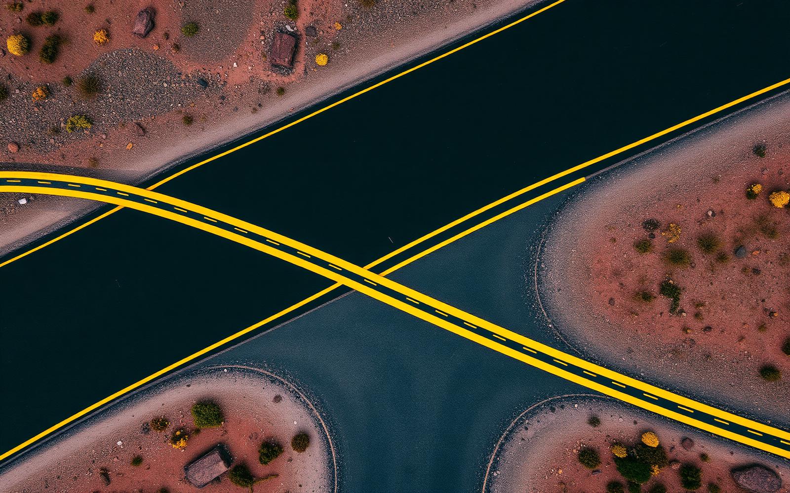Aerial view of freshly surfaced road with yellow line marking